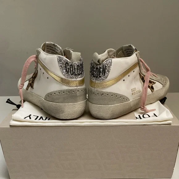 Golden Goose Mid Star Sneaker White Leather/Gold/Leopard Star sz 38 New in Box - Picture 10 of 14